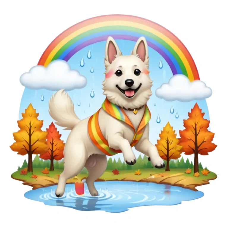 Beautiful White belgian Shepard jumping Cheerful  over Rain puddles. There is a rainbow in the sky and Autumn forest in the background sticker