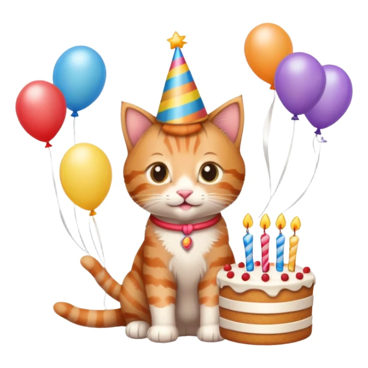 Ginger tabby kitten celebrates birthday, birthday hat, birthday cake, balloons, happy, gifts sticker