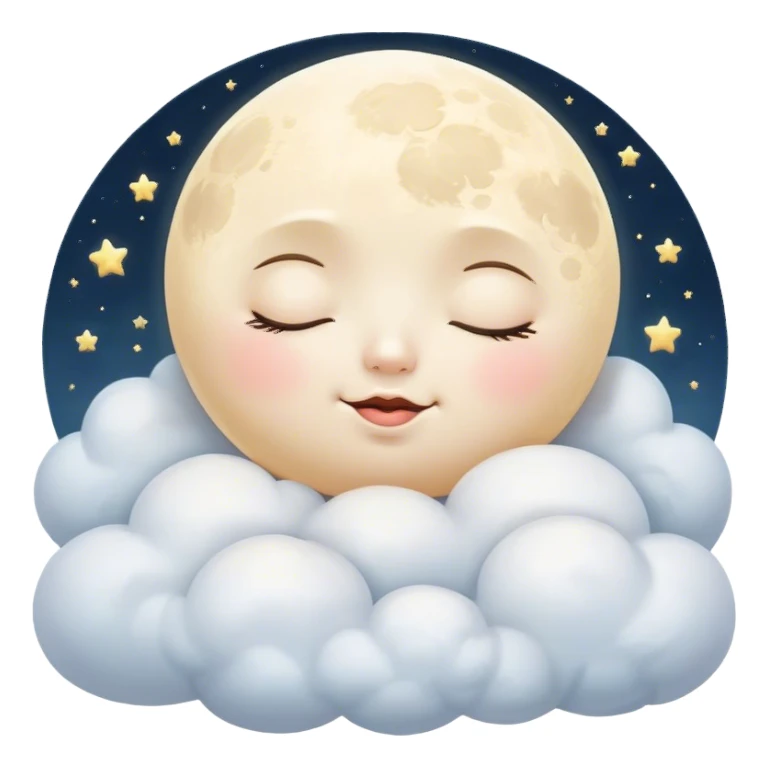 Cinematic adorable moon with a sleepy face, round and chubby, soft glowing light, tiny rosy cheeks, resting on a bed of fluffy clouds, dreamy and peaceful. sticker