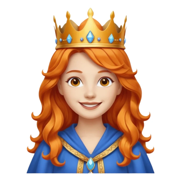 young queen white skin, long wavy orange hair, bright smile, wearing crown and blue robe emoji sticker