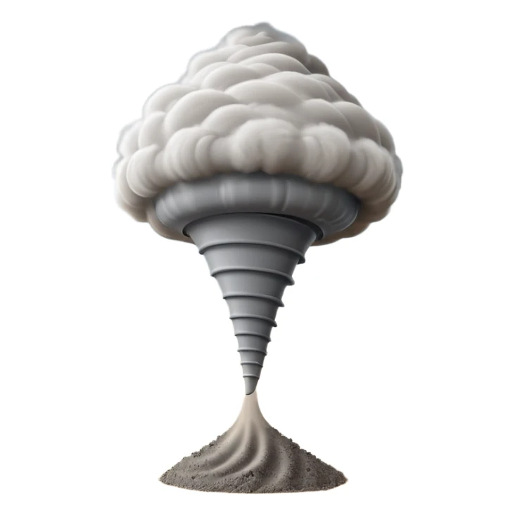 3D render of Tornado, miniature weather phenomenon, volumetric particle effects, swirling dusty grey funnel cloud, elemental energy, emoji style, isolated on white background --v 6.0. sticker
