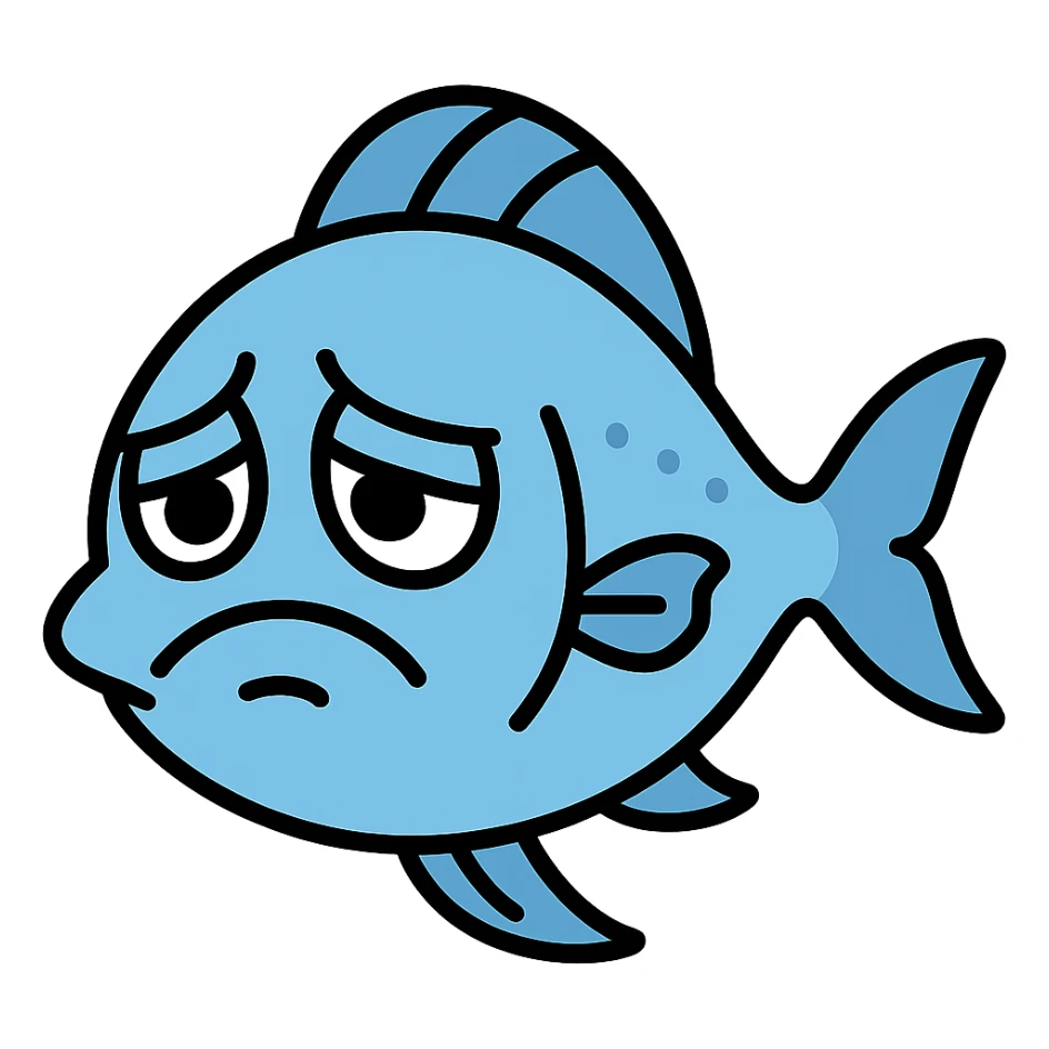 Make the colony of sad fish look even sadder with more expressive droopy eyes, deeper frowns, and a more melancholic atmosphere. Keep the color outline style and maintain the transparent background. sticker