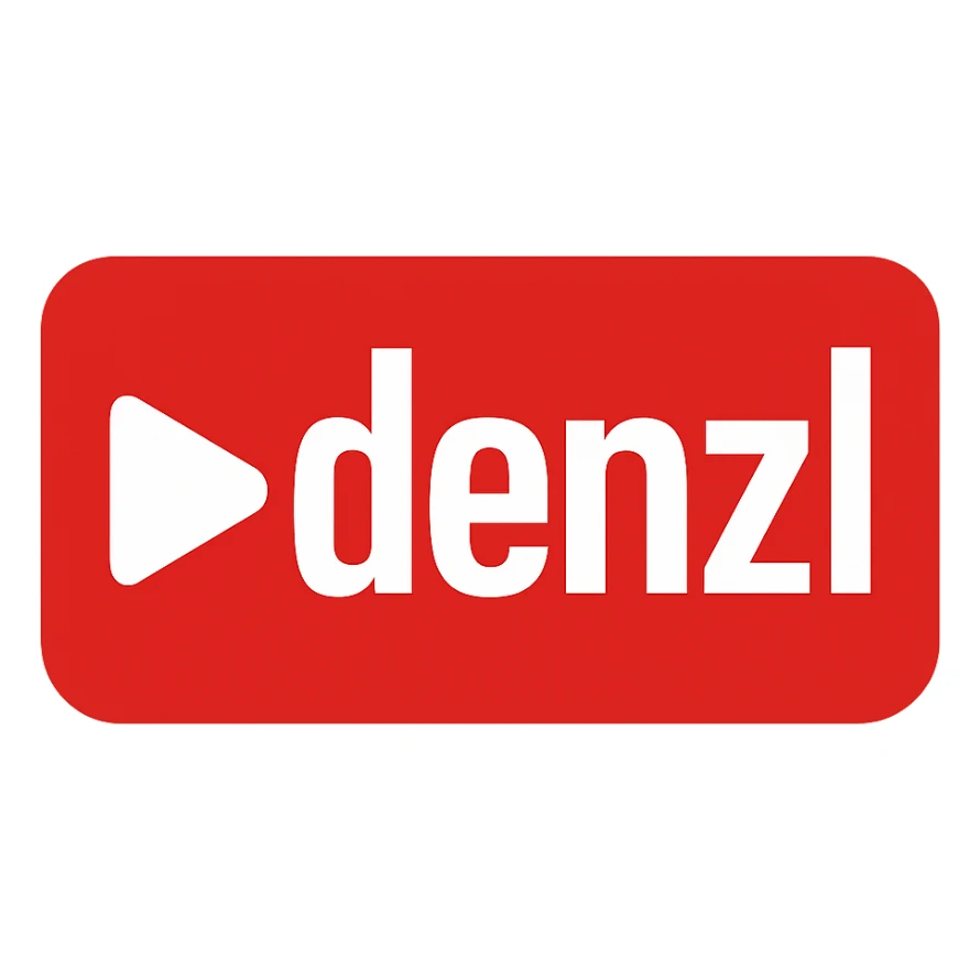 YouTube-themed 'denzl' logo, strong red background, white text, play button motif, digital media vibe sticker