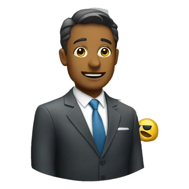 a sweaty businessman in a suit in front of a shop sticker