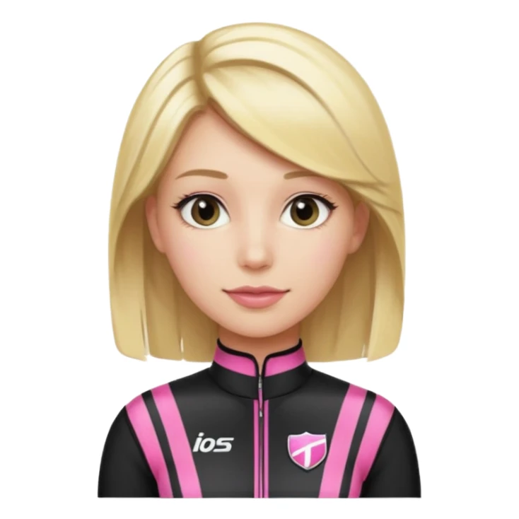 blonde woman with black racing outfit with pink strips sticker