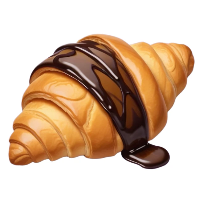 There's a croissant with chocolate syrup on a pale purple napkin sticker