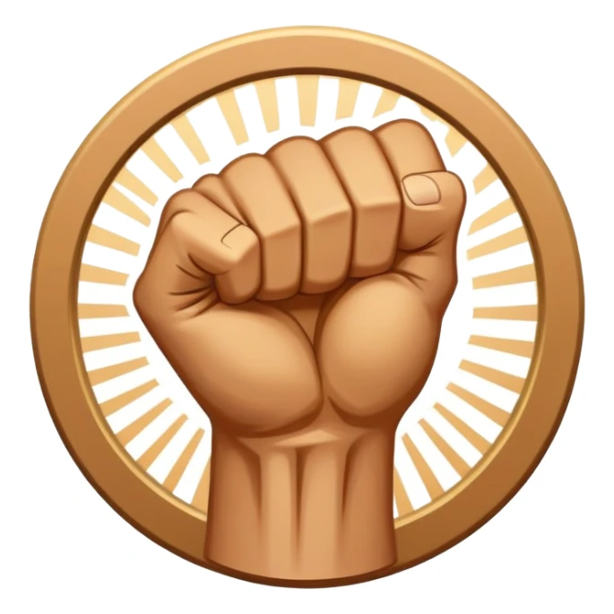 Round emblem symbolizing combat sports, featuring a clenched fist facing forward at the center. The fist is bold and strong, representing power and skill in martial arts. Surrounding the fist are dynamic lines, giving the emblem a sense of motion and energy. sticker