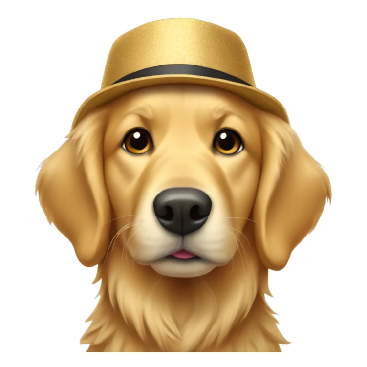 A golden retriever wearing a hat sticker