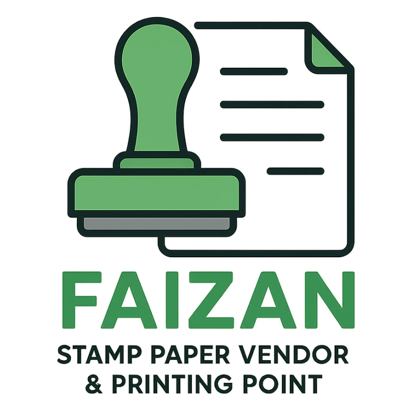 logo for 'Faizan Stamp Paper Vendor & Printing Point', minimalistic design, abstract stamp and paper elements, green and gray palette, contemporary style sticker