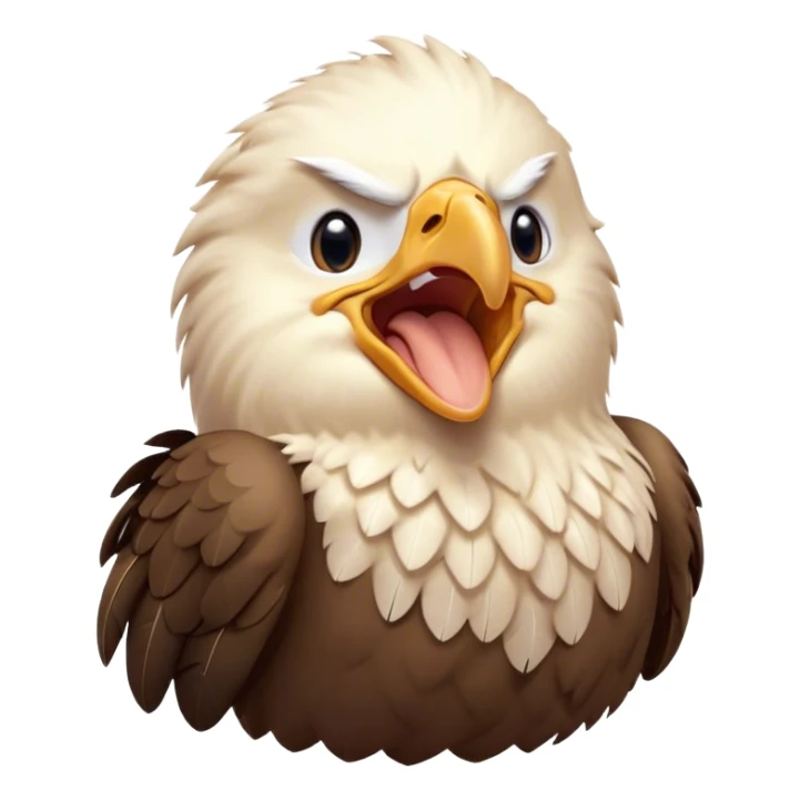 Cinematic Cute Yawning American Eagle Portrait Emoji, Head tilted slightly with a dramatic, wide-open yawn, showcasing a stately form with gently drooping feathers and sleepy, half-closed eyes, Simplified yet irresistibly adorable features, highly detailed, glowing with a soft, cozy majestic glow, high shine, relaxed yet expressive, stylized with a dash of whimsical aerial charm, soft glowing outline, capturing the essence of a drowsy yet affectionate American eagle that appears ready to stretch out for a nap! sticker