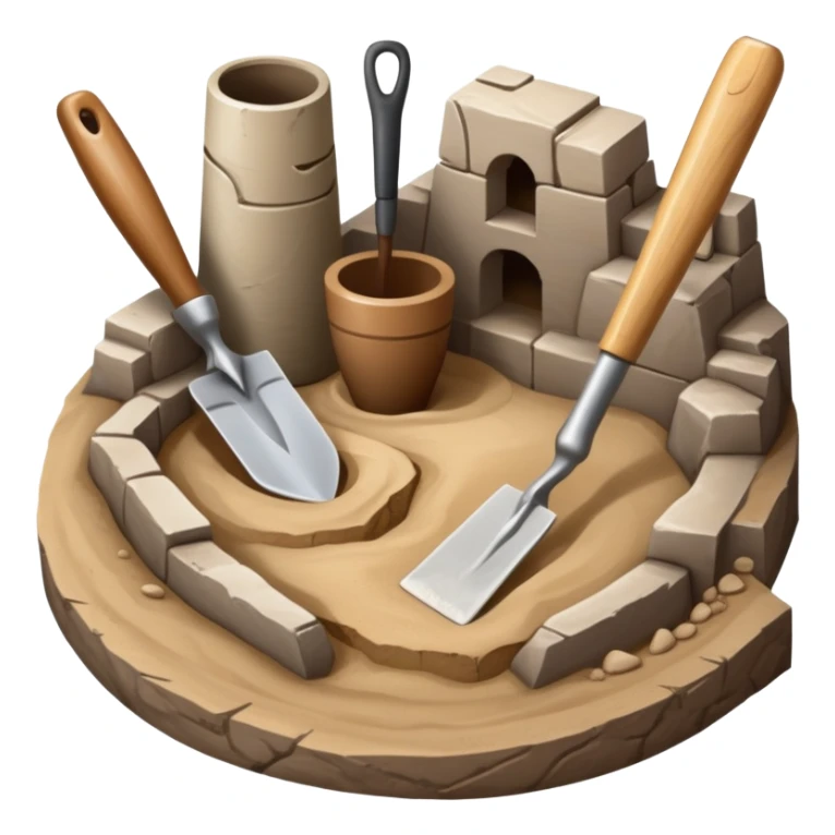An icon showing an archaeologist’s tools: a trowel, brush, and a partially uncovered ancient artifact like a vase or tablet. The design includes a sandy excavation site with ruins in the background, symbolizing the discovery of past civilizations. Transparent background  sticker