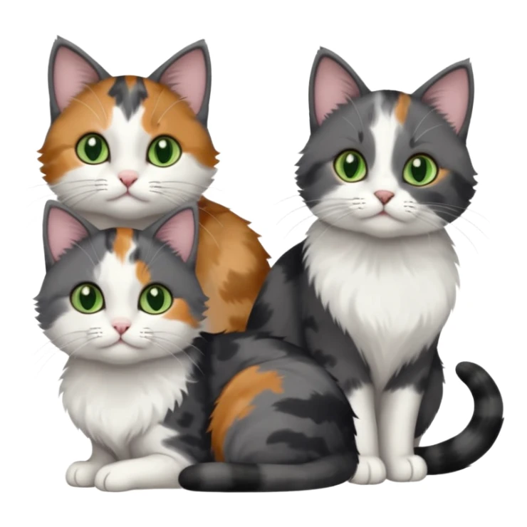 3 different coloured small cats including a dark grey and white, and a patchy calico with hazel eyes  and a completely solid dark grey with green eyes and only white paws sticker