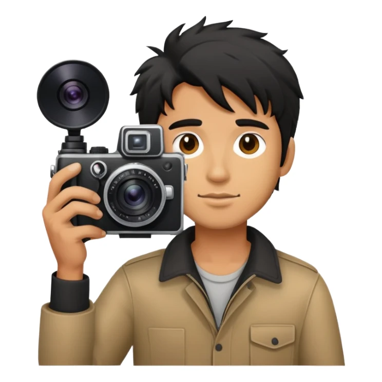 a man with black messy hair holding a foto camera sticker