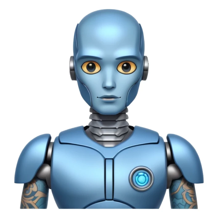 blue Tatooed robot, big many tatooes on chest, neck and face sticker