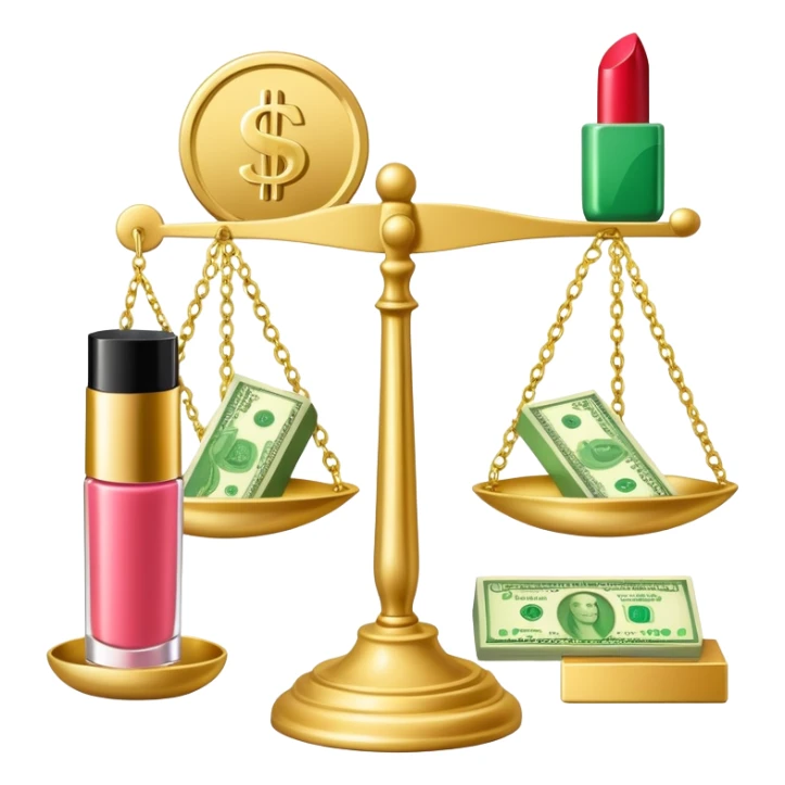 gold scale with left side green dollar bills and right side beauty products lipstick and nail polish, no lips, no extra elements sticker