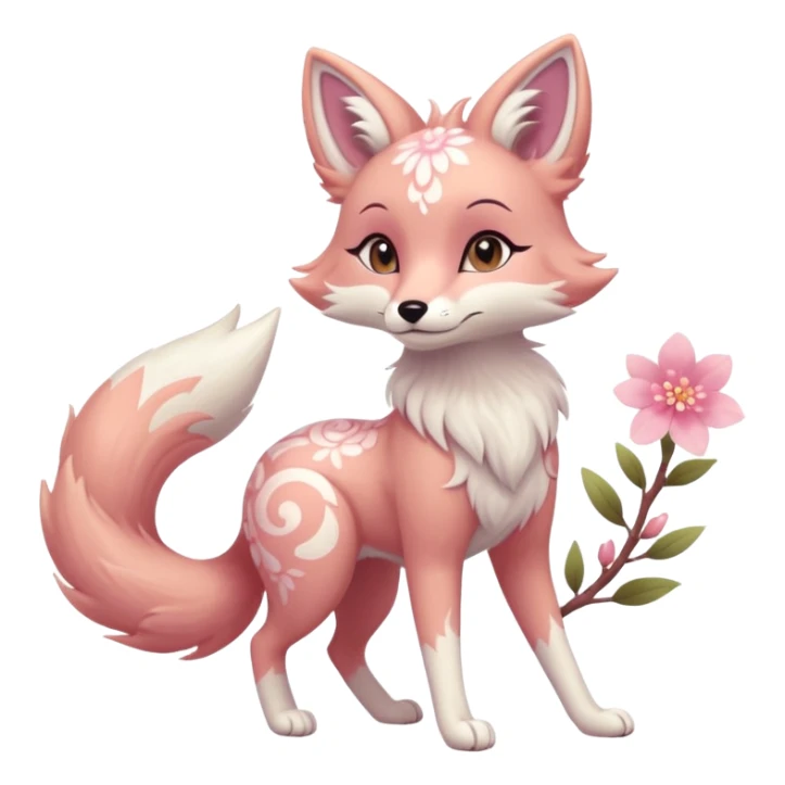Anthropomorphic digitigrade Pastel beige and pastel Sakura-pink fox furry-Falvie-Fionbri-fursona with floral swirly markings and white spot markings, 2 legs, modern, sophisticated  sticker