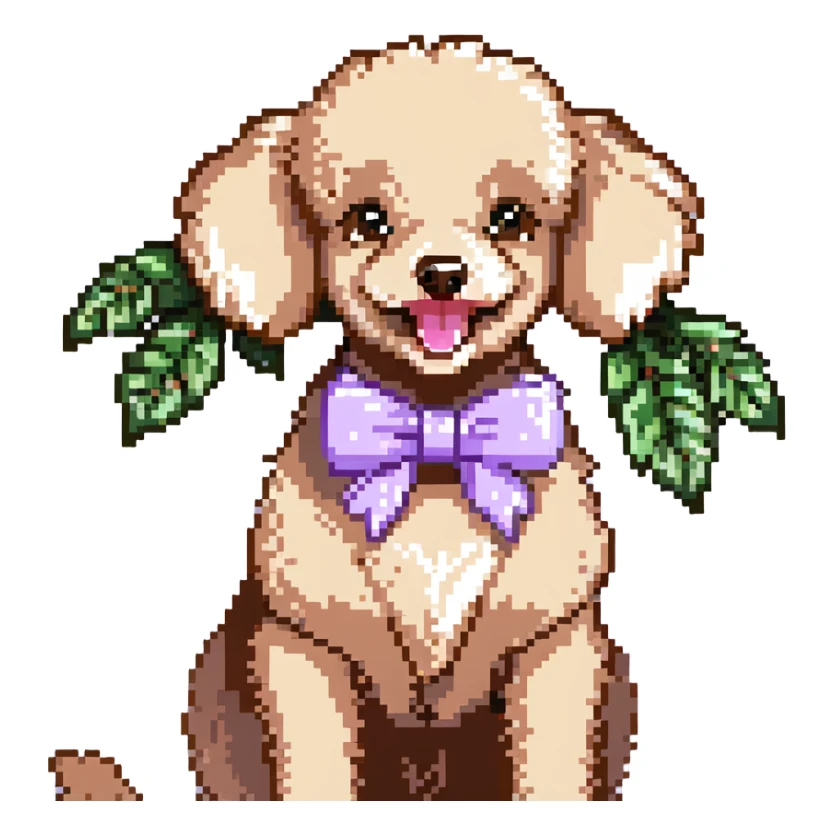 Peach-colored poodle with a narrow, short-haired face, hairstyle like Artemone. Long fluffy ears, each with a thin braid tied with a pink bow at the end. Happy face, smiling. A lilac branch in the mouth. sticker