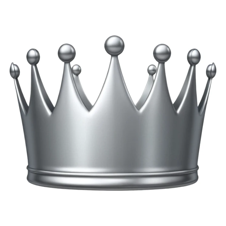 A luxury silver crown emoji, chrome metallic finish, smooth rounded edges, subtle sparkle, polished reflective surface, cute proportions, iOS emoji style, centered on a clean white background, soft studio lighting, no outlines sticker