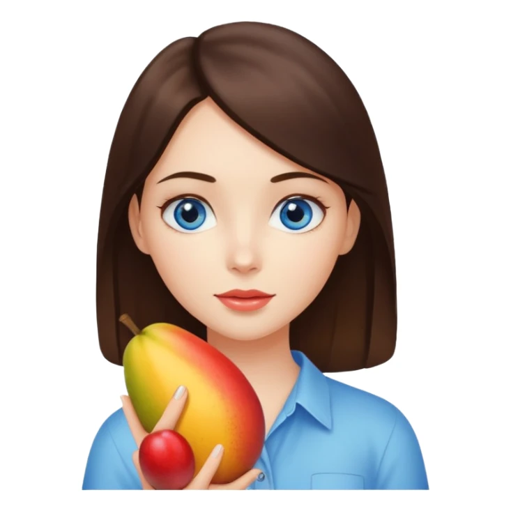 A brunette girl with blue eyes holding a mango sticker