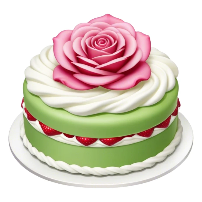 cake with green marzipan on top, with a pink marzipan rose on top. Whipped cream, vanilla cream and strawberry jam inside sticker