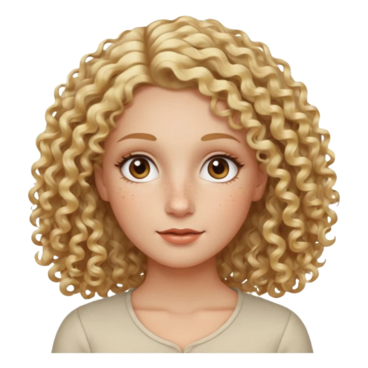 Blond curly hair white women, oval shape face hazel eyes long lashes little bit of freckles high cheek bones sticker