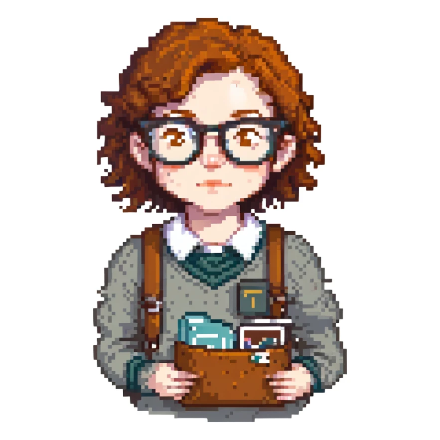 pixel art icon of a nerd with freckles, thick glasses, and a pocket protector sticker