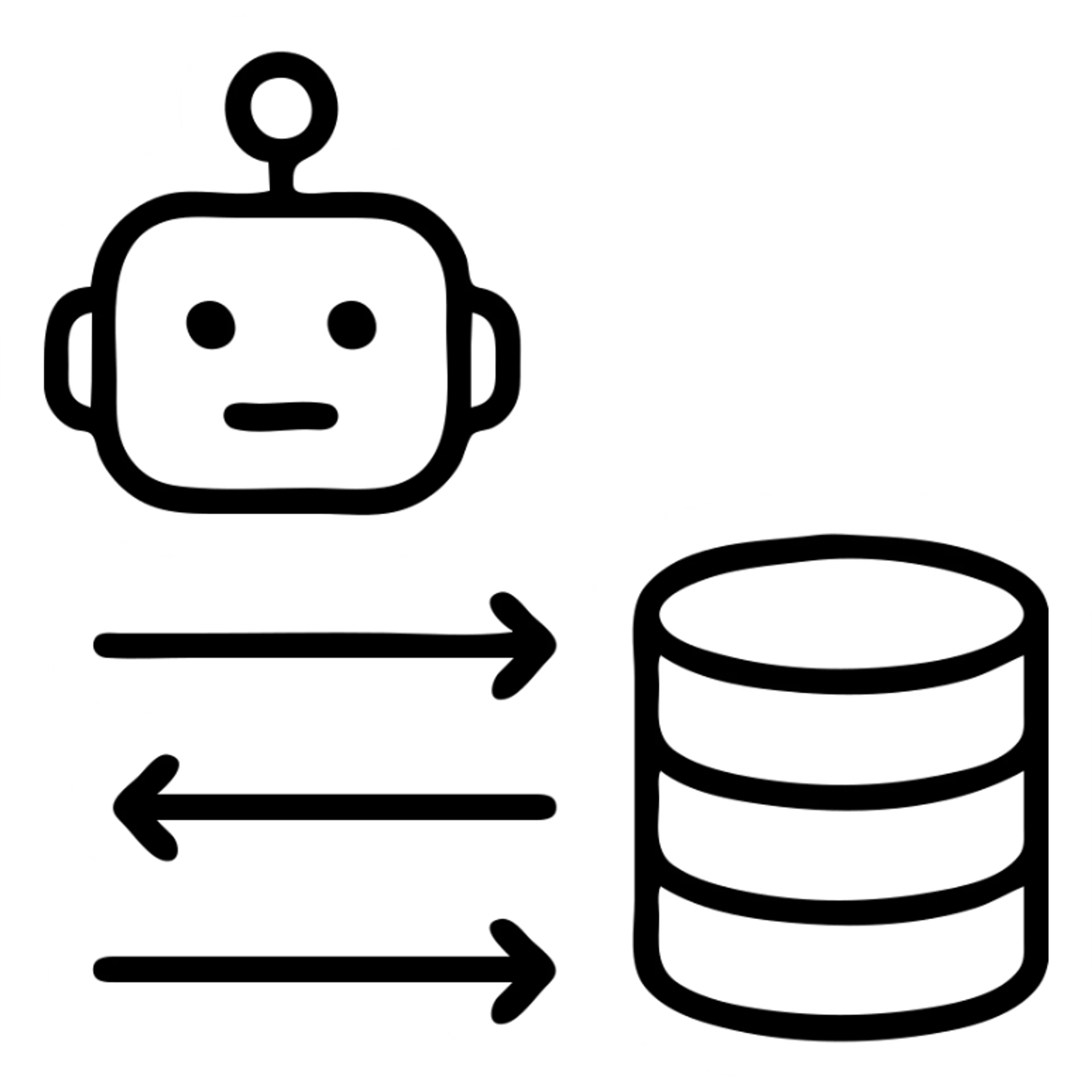 outlined icon of a chatbot with arrows pointing to a database, representing question-to-query conversion sticker