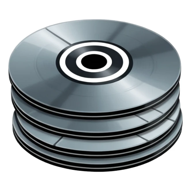 Minimalist emoji-style sticker of a small stack of DVD discs, one cracked, one with burn marks. Top-down view, grayscale and muted tones, flat design, no text. sticker