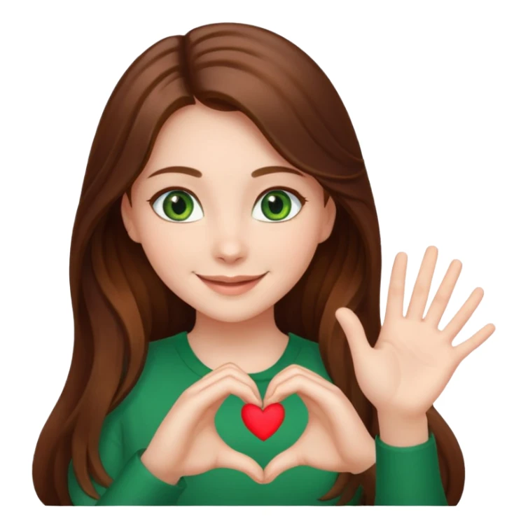 Girl green eyes brown long hair doing hands heart sticker