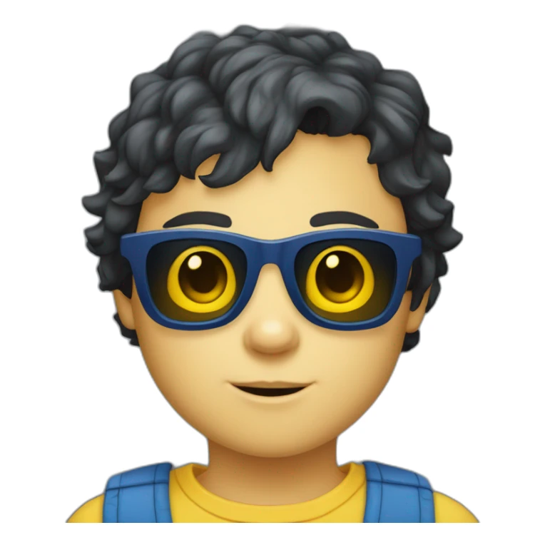 scruffy dark haired white child yellow sunglasses blue vest dark blue shirt sticker