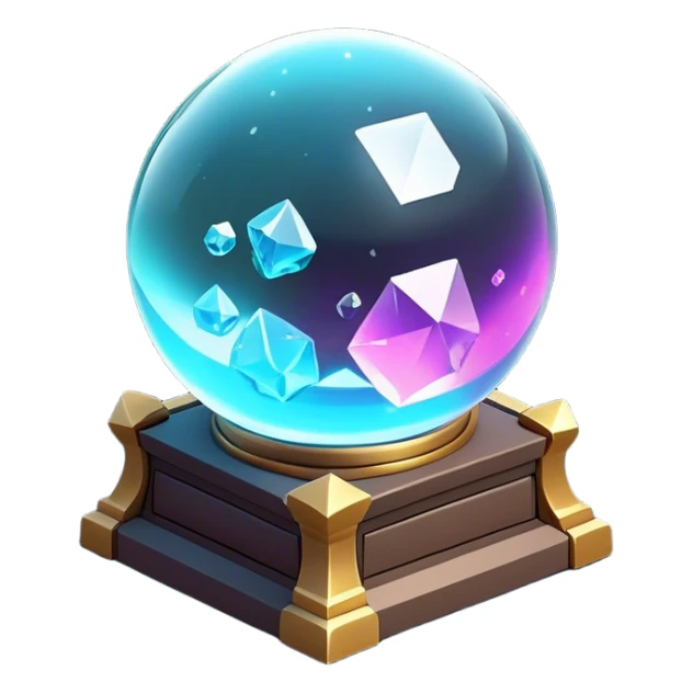 Clash of Clans aesthetic: Cinematic Playful 3D Isometric Crystal Ball Emoji, rendered in a 3D vector-style similar to standard emojis with minimal shading and bold, simplified shapes. A compact, distinct form with signature details, softly glowing with a fantasy RPG magic charm. Simplified yet unmistakably iconic, highly detailed and consistent, glowing with a soft radiance and high shine. Stylized with a touch of heroic grandeur and a soft glowing outline, capturing the essence of a beloved gaming relic with a friendly, playful manner! sticker