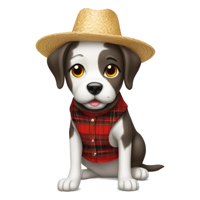 dog happy with straw hat and red plaid outfit sticker
