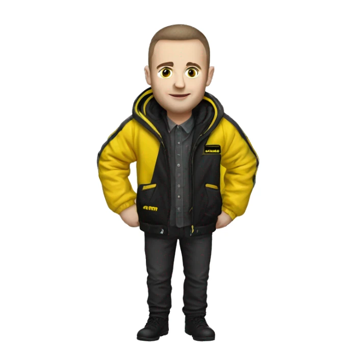 adam murray wearing a black and yellow jacket with the yellow label BPS placed on the left shoulder place on there  sticker