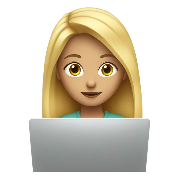 girl with blond hair sits at laptop working sticker