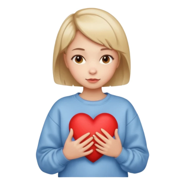 una niña con el pelo corto, con la sudadera de forma de pollito sujetando un corazón sticker