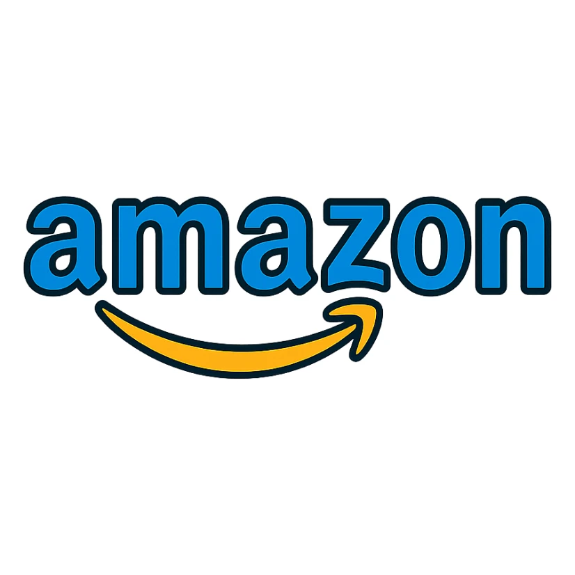 logo inspired by Amazon with a curved arrow under the word in color outline style sticker