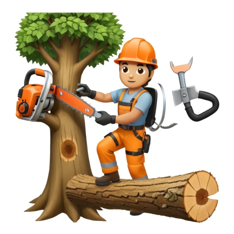 professional arborist cutting down a large tree with chainsaw, wearing safety helmet and protective gear. Scene includes detailed tree trunk, falling wood pieces, forest background, dynamic movement, and emphasis on expertise and safety in tree removal sticker