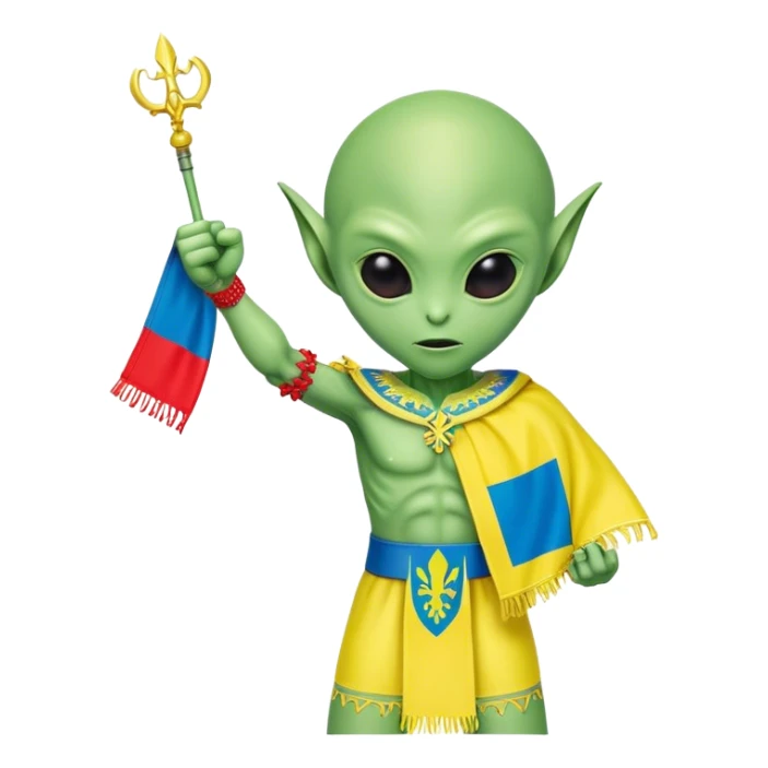 Green alien in Shirt 👚 vyshyvanka, white with red embodiary on sleeved, with 🇺🇦 Ukraine flag in a hand and 💪 sticker