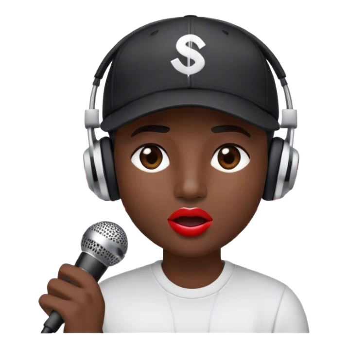 Create a dynamic and energetic emoji that represents beatboxing. The design should feature a stylized microphone and baseball cap on it, with lips and sound waves emanating from it , symbolizing vocal percussion and rhythm. Add elements like headphones or a subtle speaker to emphasize the music production aspect. Use bold colors like black, white, and red to convey the intensity and creativity of beatboxing. The background should be transparent. sticker