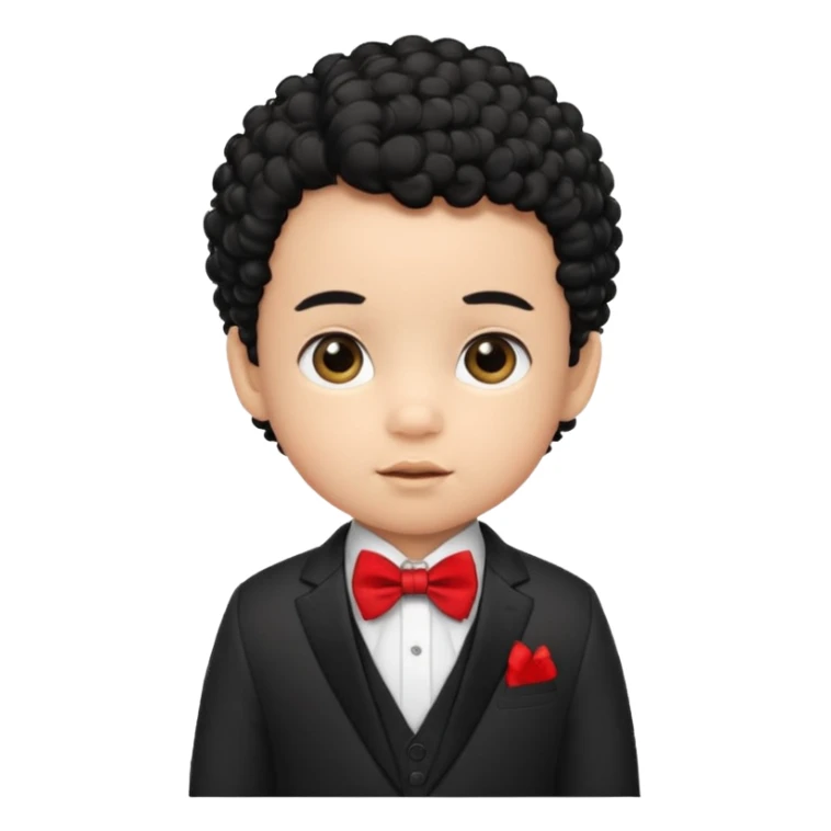 baby boy curly black hair in suit, with red bow sticker
