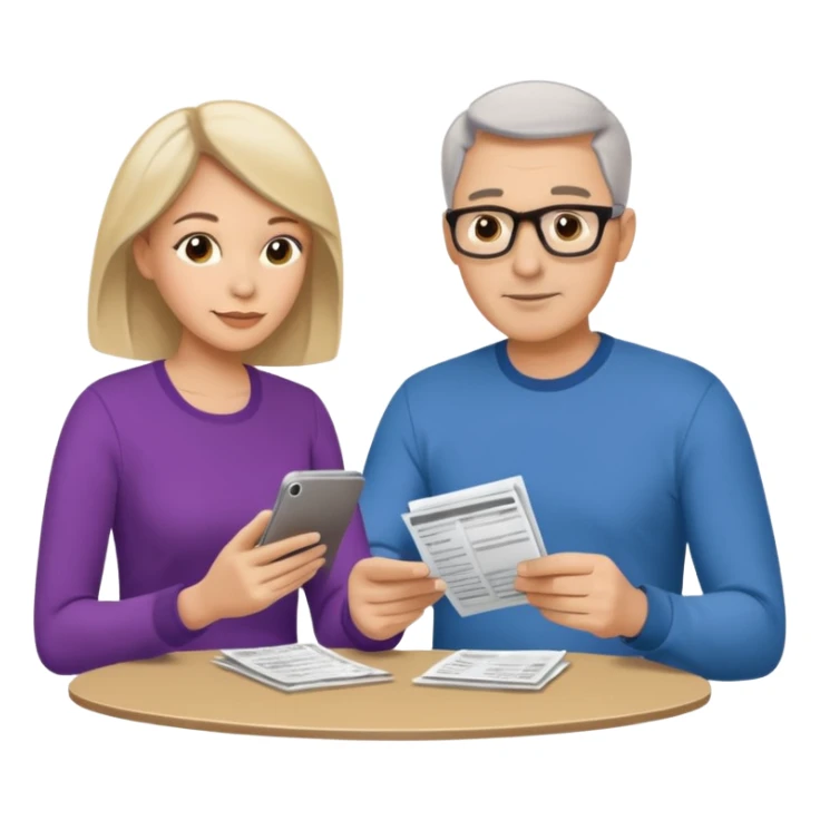 casually dressed stylish  looking husband and wife in their 40s avatars reviewing their finances together  sticker