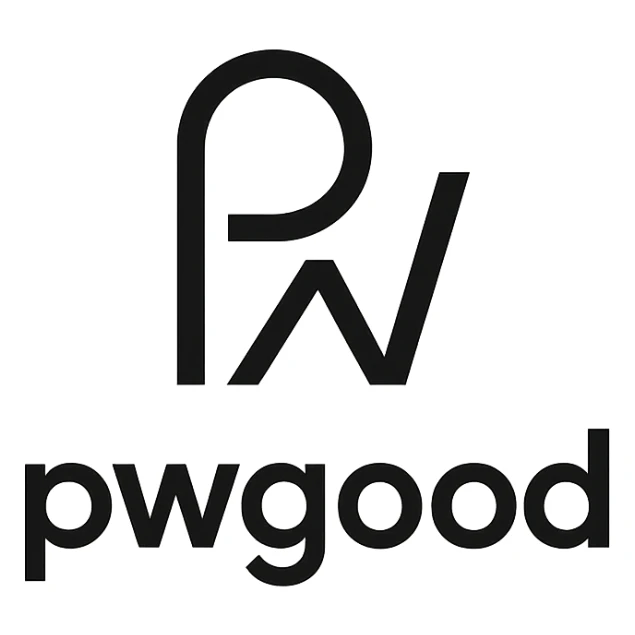 minimalist logo for 'pwgood' featuring an abstract symbol with clean lines, black and white color scheme sticker