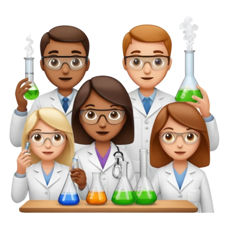 Five chemists: one organic chemist, on physical chemist, one inorganic chemist, one technical chemist and on theoretical chemist – each one with a typical item for their field sticker