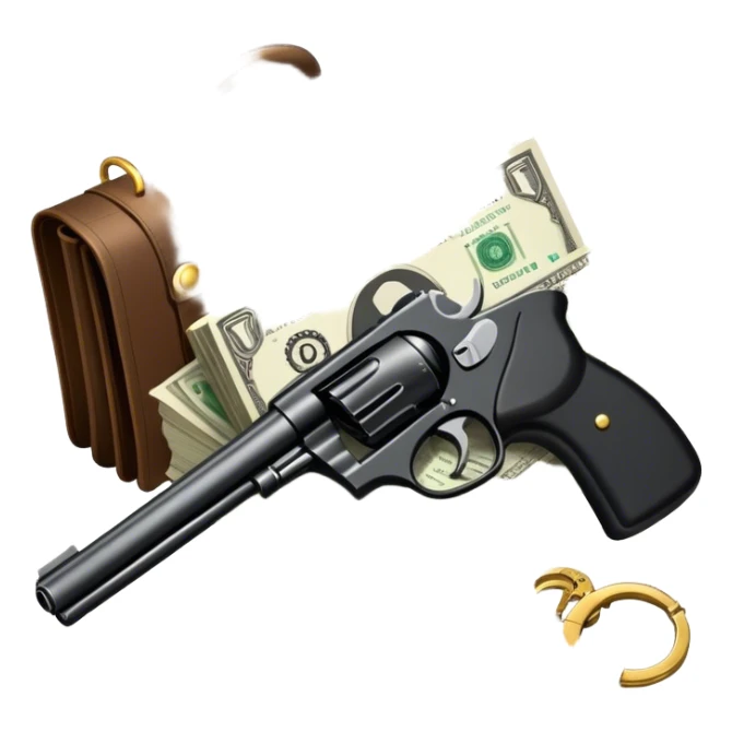 Icon for Action & Crime Reading: open book with text and picture, silhouette of a gun, a bag of money, a police badge. Surrounding elements include a pair of handcuffs, a briefcase and scattered bullet casings. Transparent background. sticker