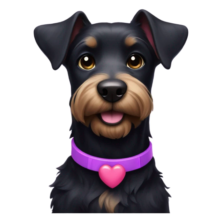 All black terrier dog with purple and pink collar with heart that says Remi  sticker