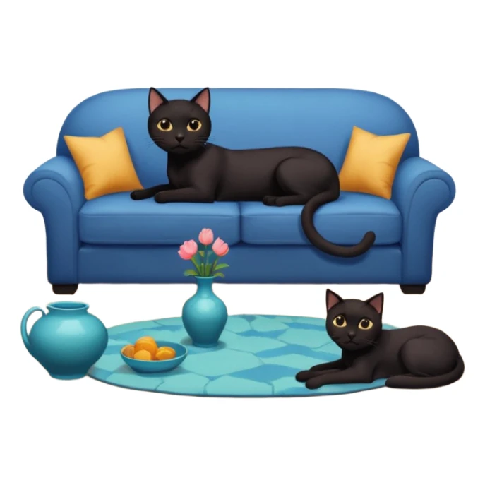 schwarze Katze auf dem Sofa mit unschuligem Blick und Hund auf dem Boden vor einer zerbrochenen Vase - Zimmer ist verwüstet, Kissen liegen unten sticker