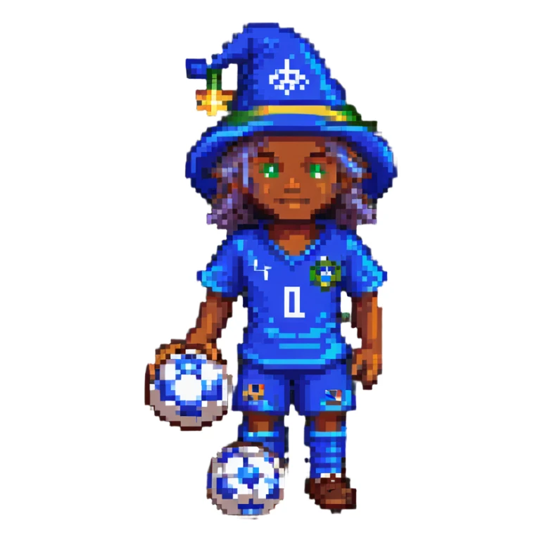 pixel art of a Brazilian soccer player with wizard elements, such as a hat or magic effects sticker