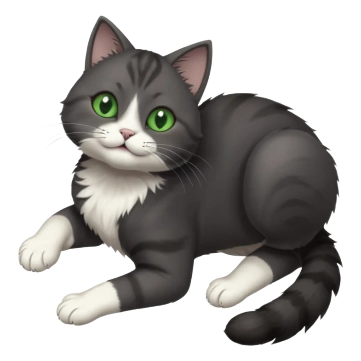 solid dark grey cat with green eyes, white toes/paws and white patch on her chest playfully rolling upside down sticker