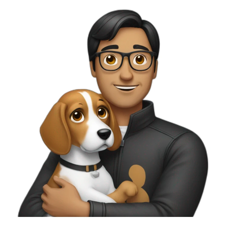 A man with black-hair and glasses hugging a beagle sticker