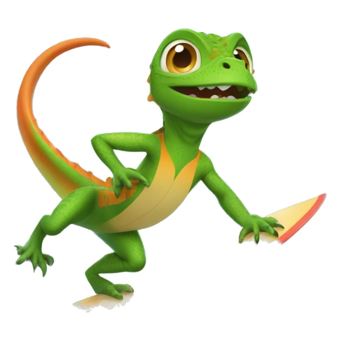 Create an image of a lizard 🦎 riding on a surfboard 🏄 in the ocean 🌊. The lizard should look like it's having fun, with a cool and playful vibe sticker